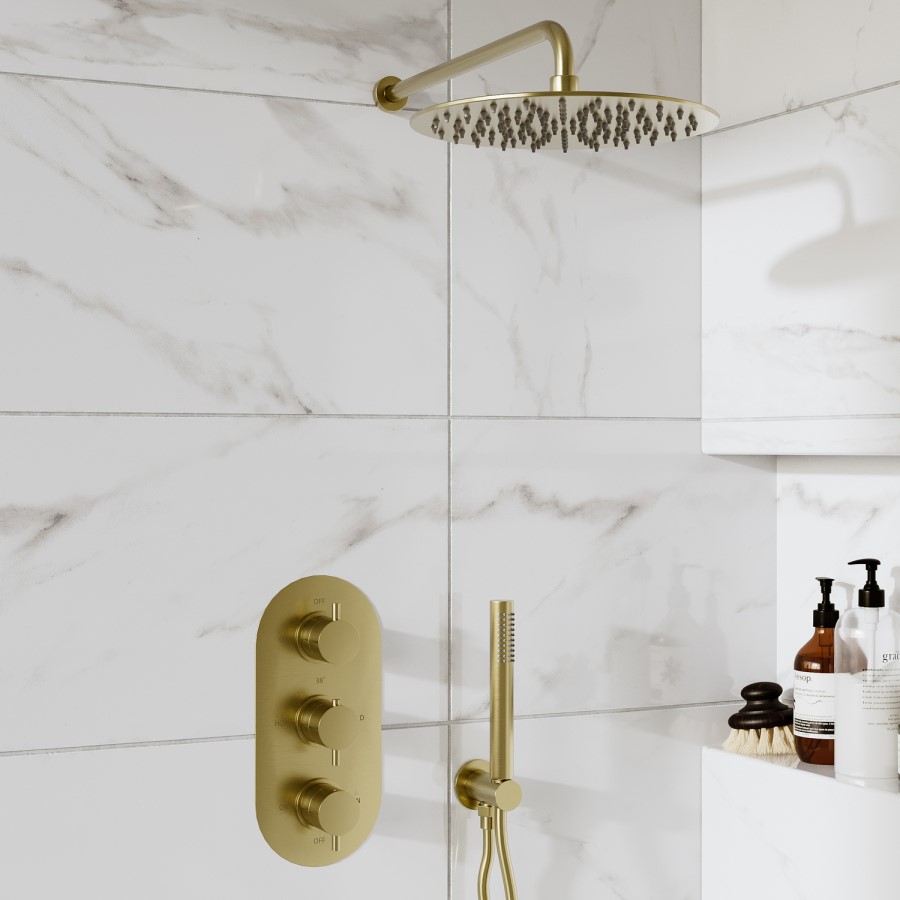 Brushed Brass 3 Outlet Wall Mounted Thermostatic Mixer Shower Set With Hand Shower and Waterfall Bath Filler Spout -Zana
