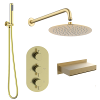 Brushed Brass 3 Outlet Wall Mounted Thermostatic Mixer Shower Set With Hand Shower and Waterfall Bath Filler Spout -Zana