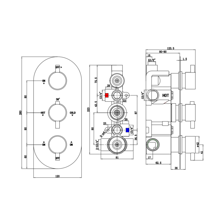 Brushed Brass 3 Outlet Wall Mounted Thermostatic Mixer Shower Set With Hand Shower and Waterfall Bath Filler Spout -Zana