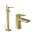 BUN/ZBBCBM/95143 Zana Brushed Brass Cloakroom Basin Mixer Tap & Freestanding Tap Pack