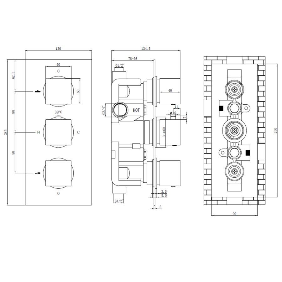 Brushed Brass 2 Outlet  Wall Mounted Thermostatic Mixer Shower Set with Hand Shower - Zana