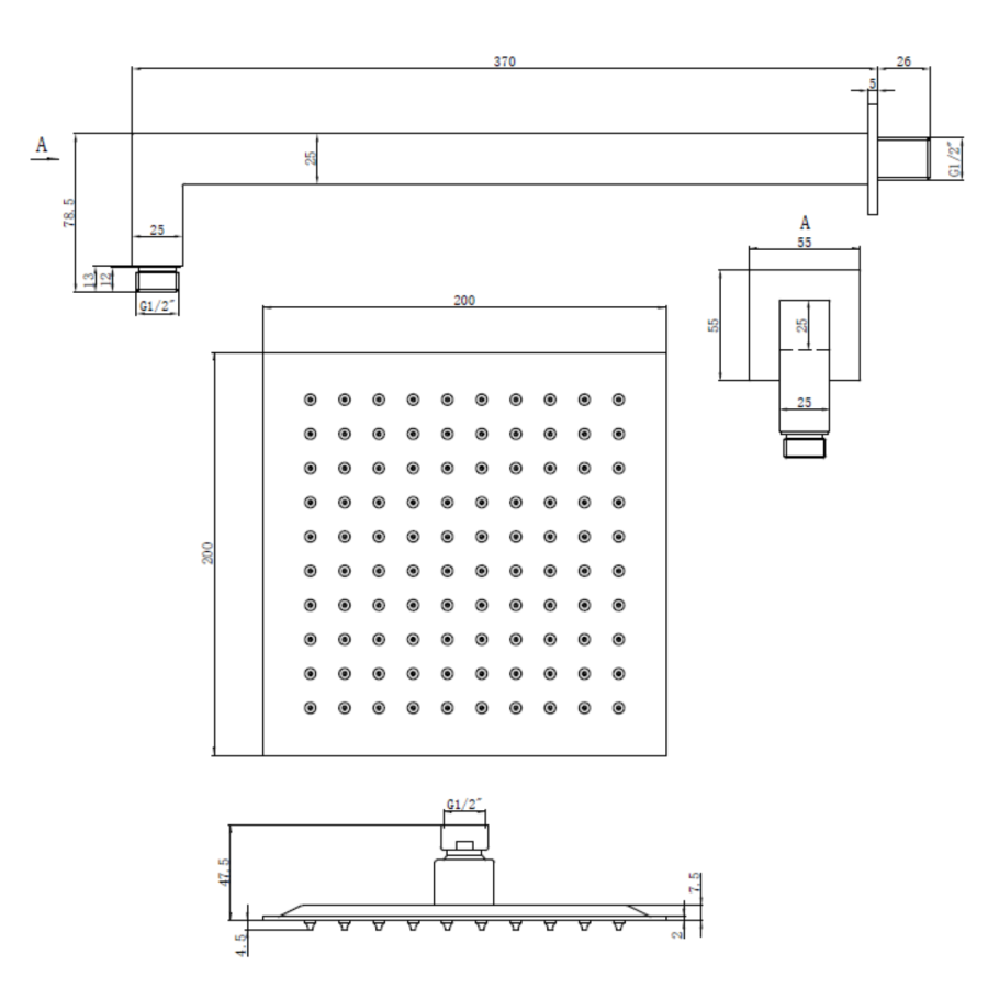 Brushed Brass 200mm Rainfall Square Shower Head & Arm - Zana