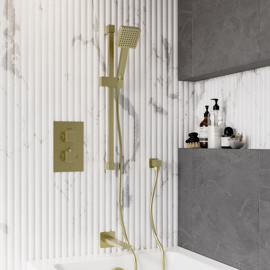 Brushed Brass 2 Outlet Thermostatic Bath Mixer Shower Set With Hand Shower and Bath Filler Spout - Zana