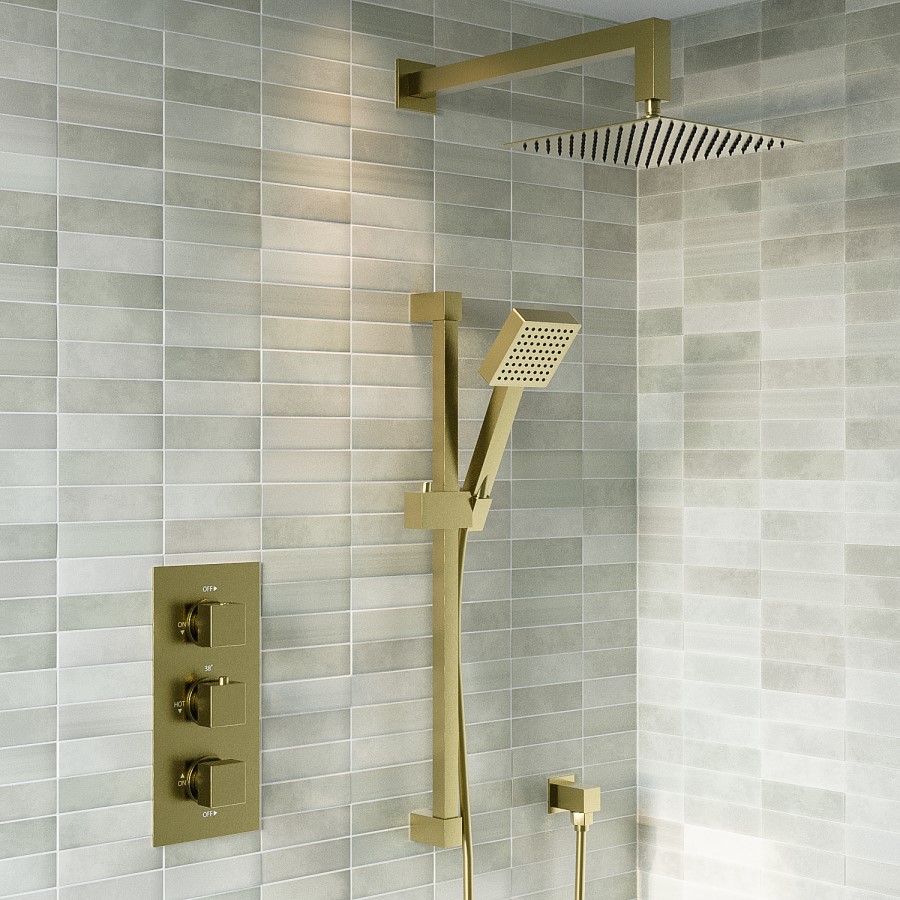 GRADE A1 - Brushed Brass 2 Concealed Thermostatic Shower Outlet Valve With Triple Control - Zana