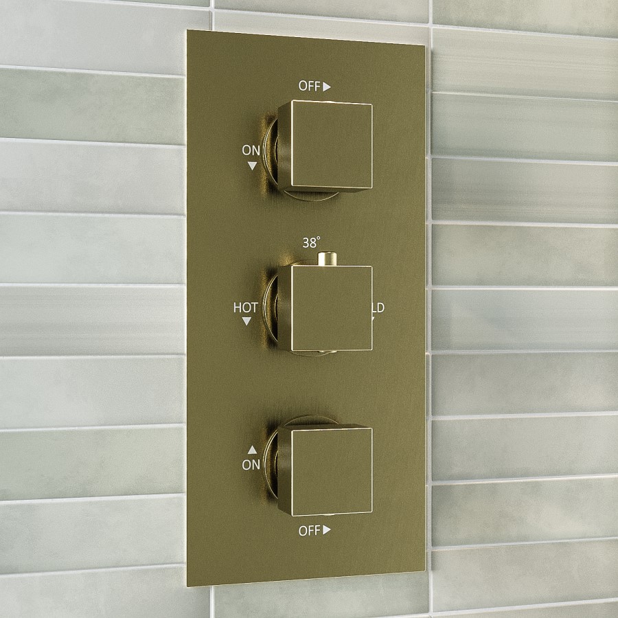 Brushed Brass 2 Outlet Wall Mounted Thermostatic Mixer Shower Set with Bath Filler Spout - Zana
