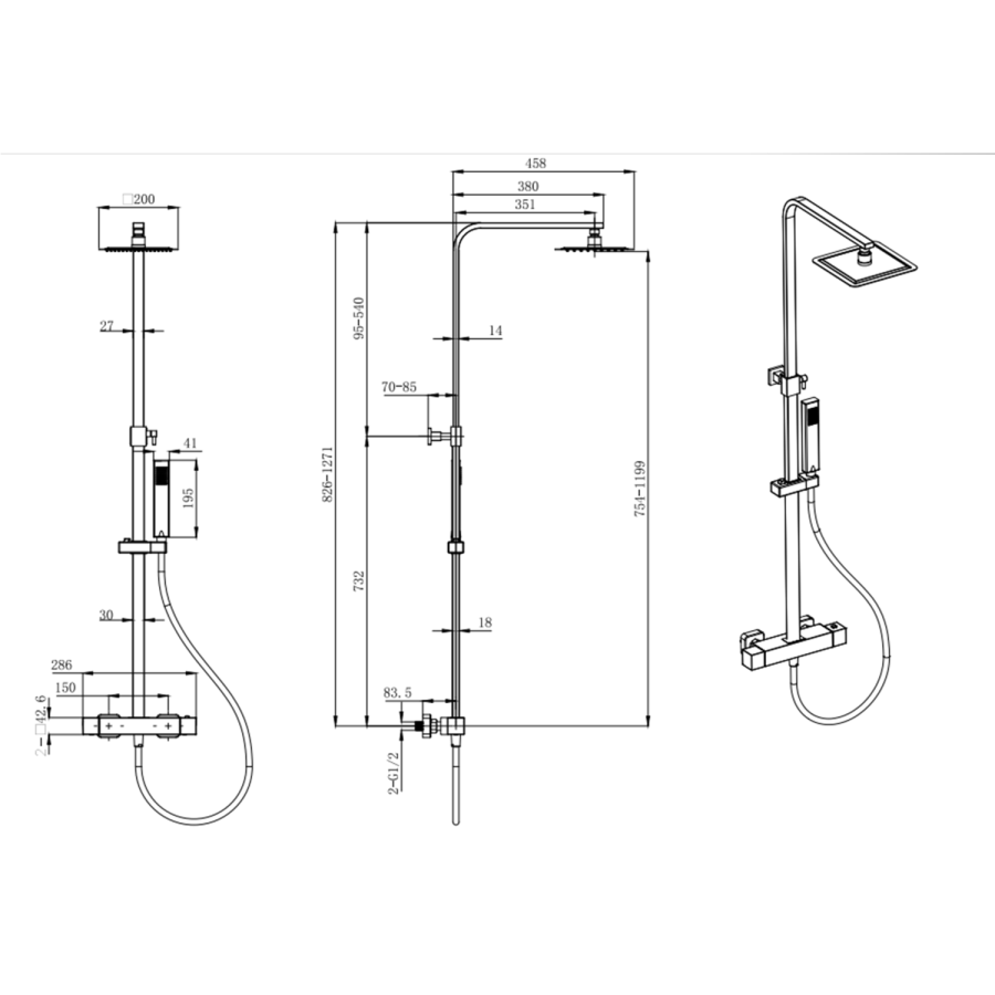 Gun Metal Thermostatic Bar Mixer Shower Set with Slide Rail Kit & Hand Shower - Zana