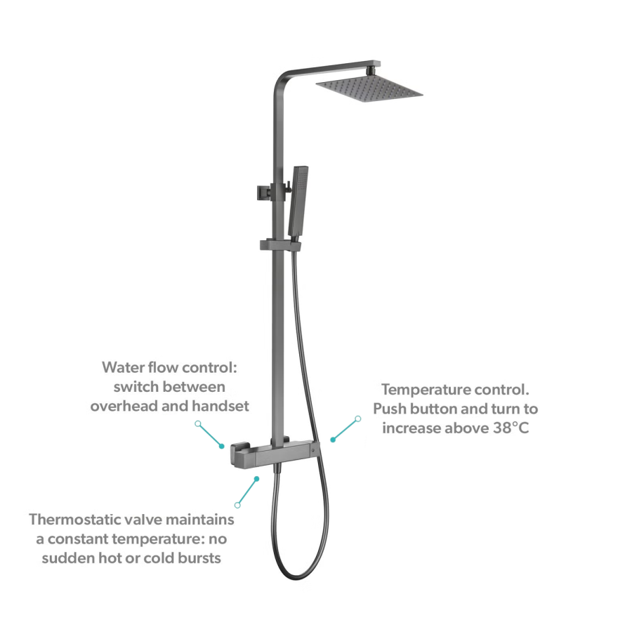 Gun Metal Thermostatic Bar Mixer Shower Set with Slide Rail Kit & Hand Shower - Zana