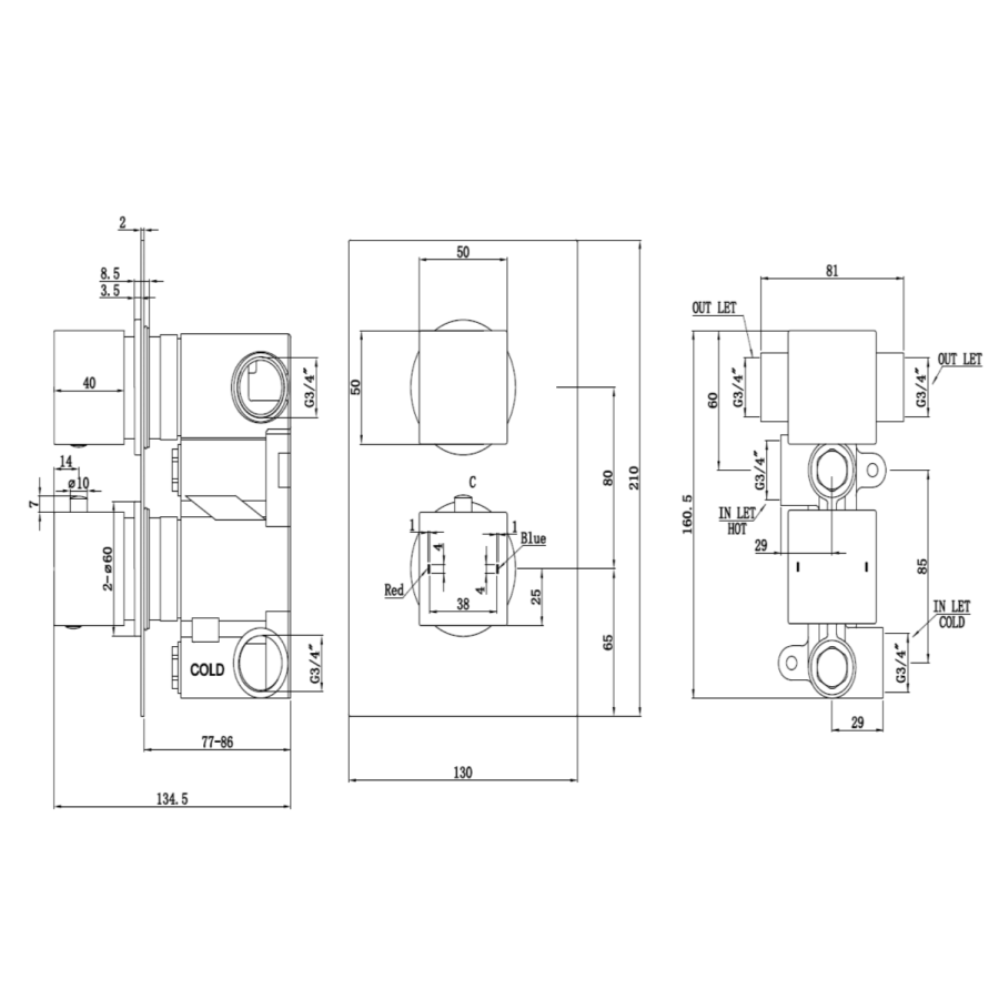 Matt Black 2 Outlet Shower With Wall Mounted 250mm Shower Head and Bath Spout - Zana