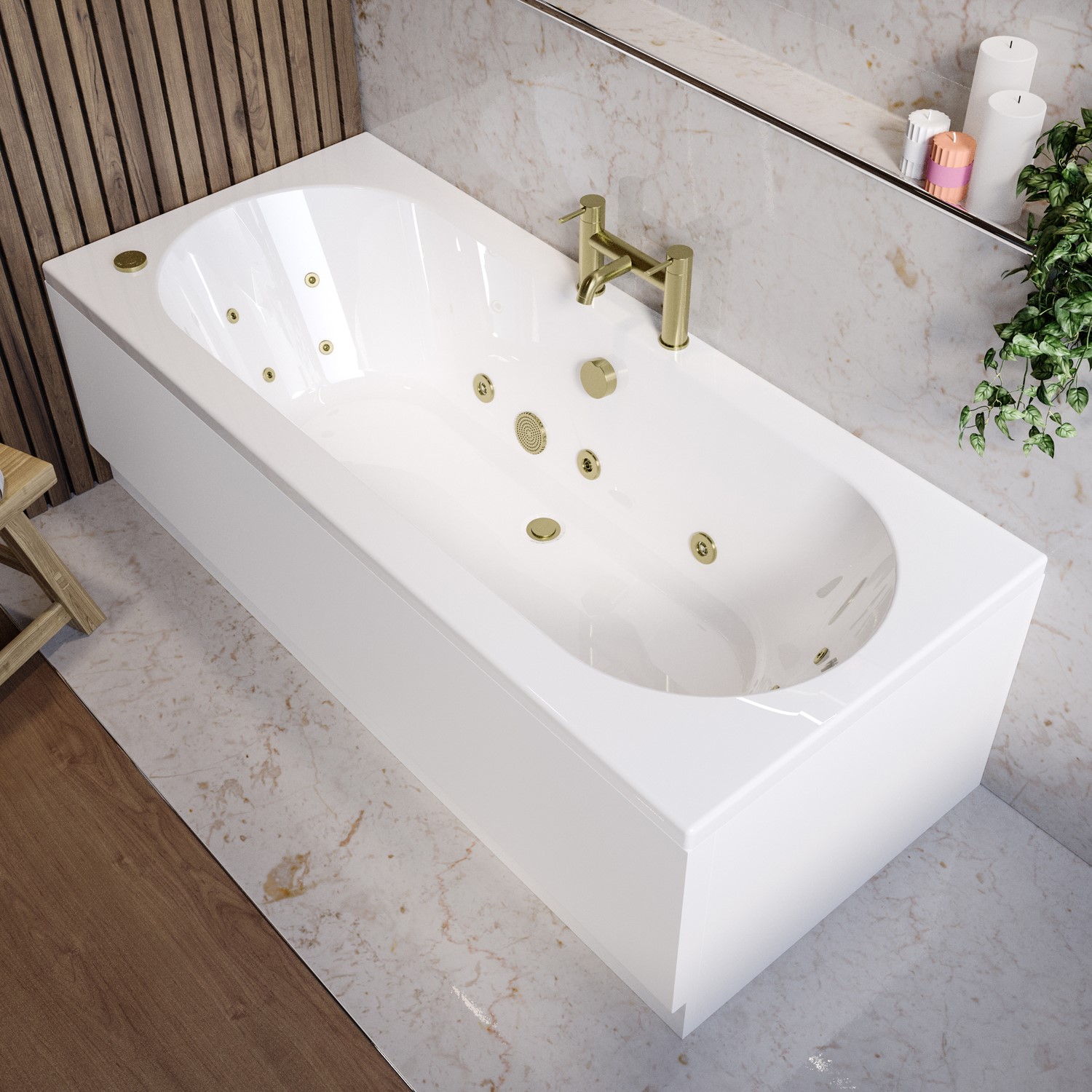 Burford White Double Ended Whirlpool Spa Bath With 14 Brushed Brass Whirlpool Jets 1700 X 750Mm