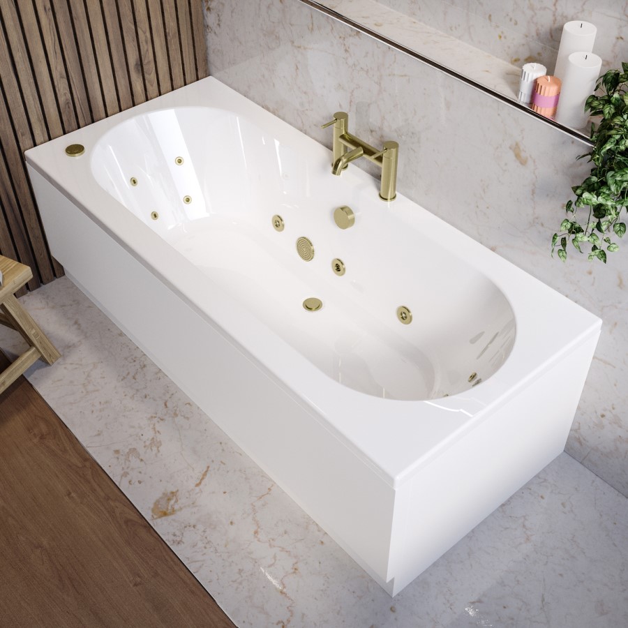 Double Ended Whirlpool Spa Bath with 14 Brushed Brass Whirlpool Jets 1700 x 750mm - Burford