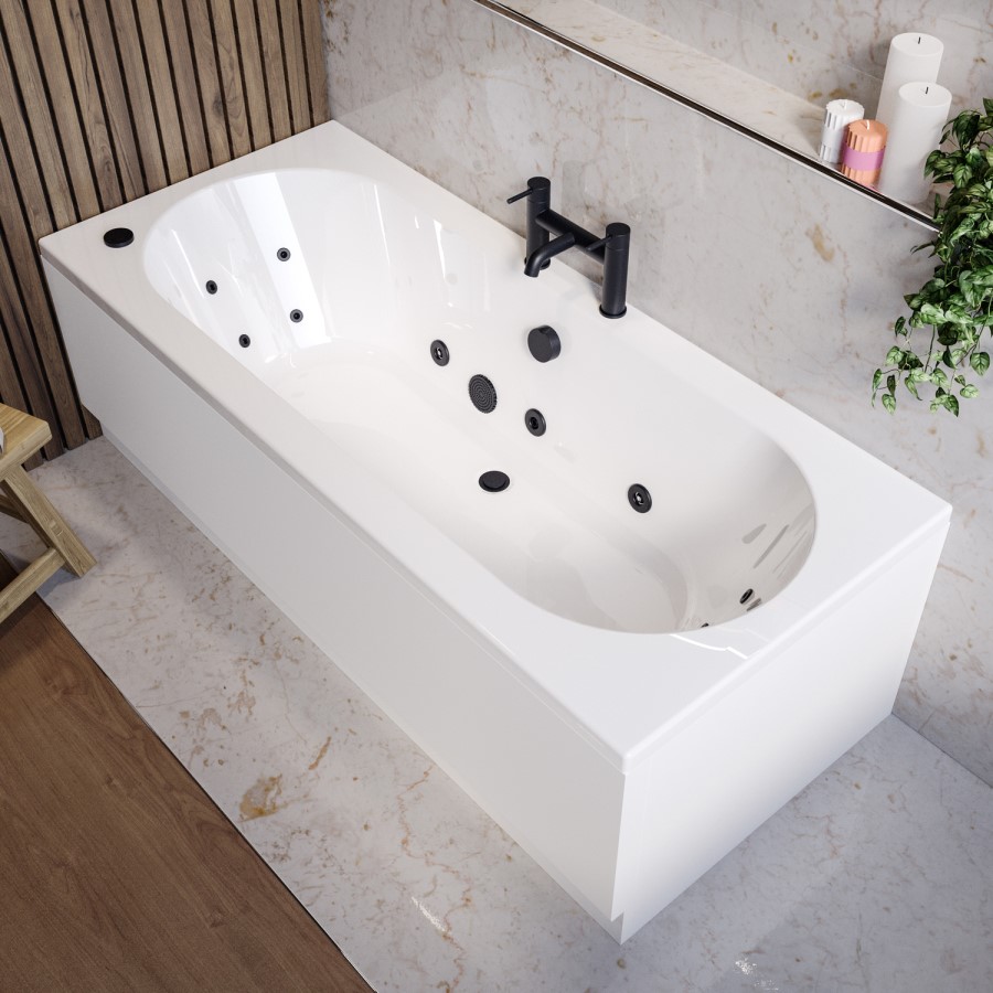 Double Ended Whirlpool Spa Bath with 14 Matt Black Whirlpool Jets 1700 x 750mm - Burford