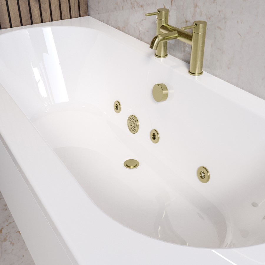 Double Ended Whirlpool Spa Bath with 6 Brushed Brass Whirlpool Jets 1700 x 750mm - Burford