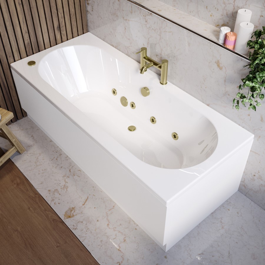 Double Ended Whirlpool Spa Bath with 8 Brushed Brass Whirlpool Jets 1700 x 750mm - Burford
