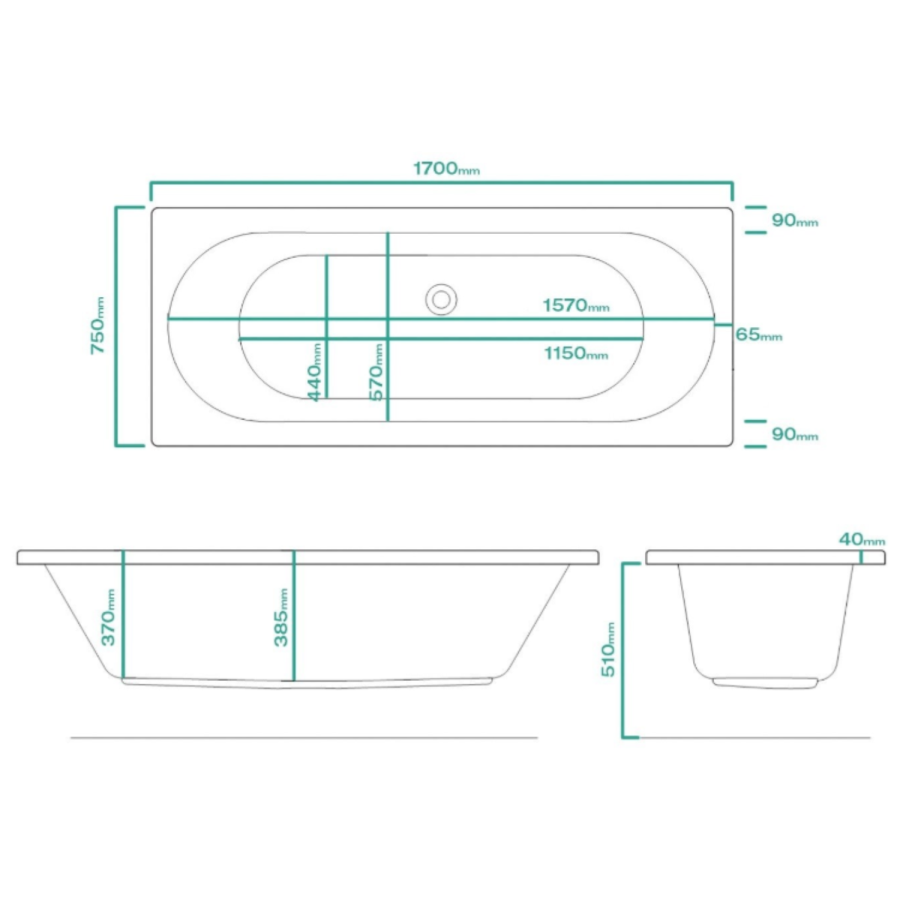 Double Ended Whirlpool Spa Bath with 8 Matt Black Whirlpool Jets 1700 x 750mm - Burford