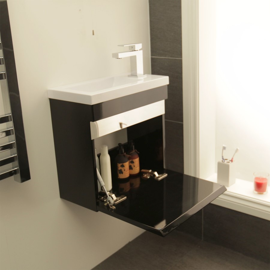 420mm Wall Hung Vanity Basin Unit - Black Single Door Storage - Vigo Range