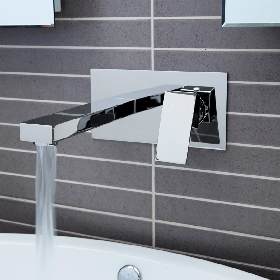 GRADE A2 - Wall Mounted Chrome Basin Mixer Tap - Cube