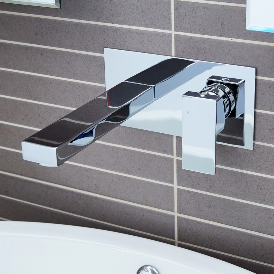 GRADE A2 - Wall Mounted Chrome Basin Mixer Tap - Cube