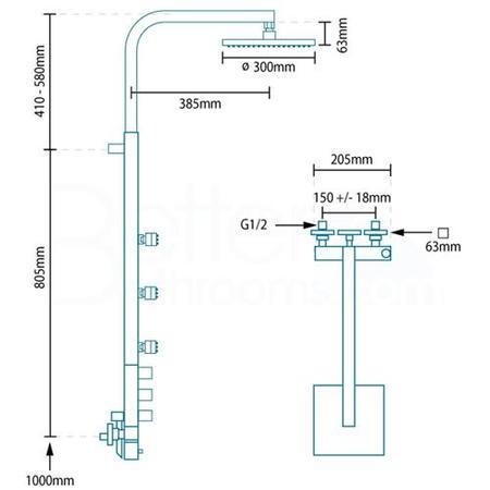 Centry Square Rigid Riser Shower Tower Rail Kit with Dual Valve