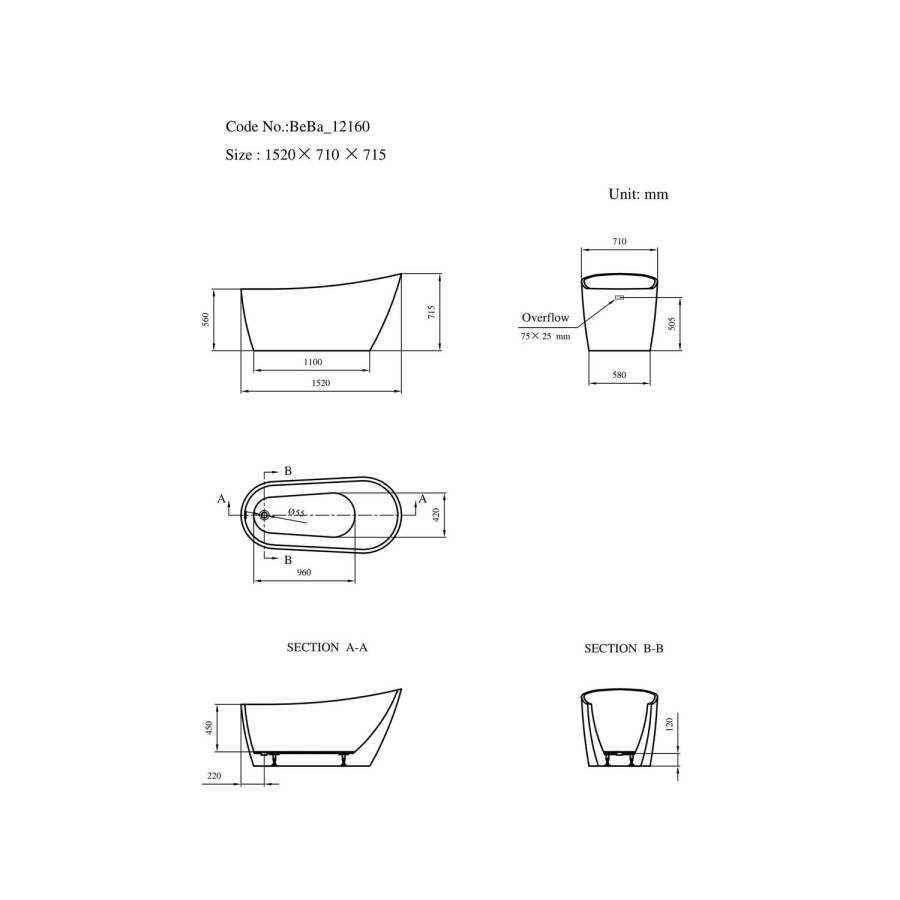 GRADE A2 - Freestanding Single Ended Slipper Bath 1520 x 710mm - Design