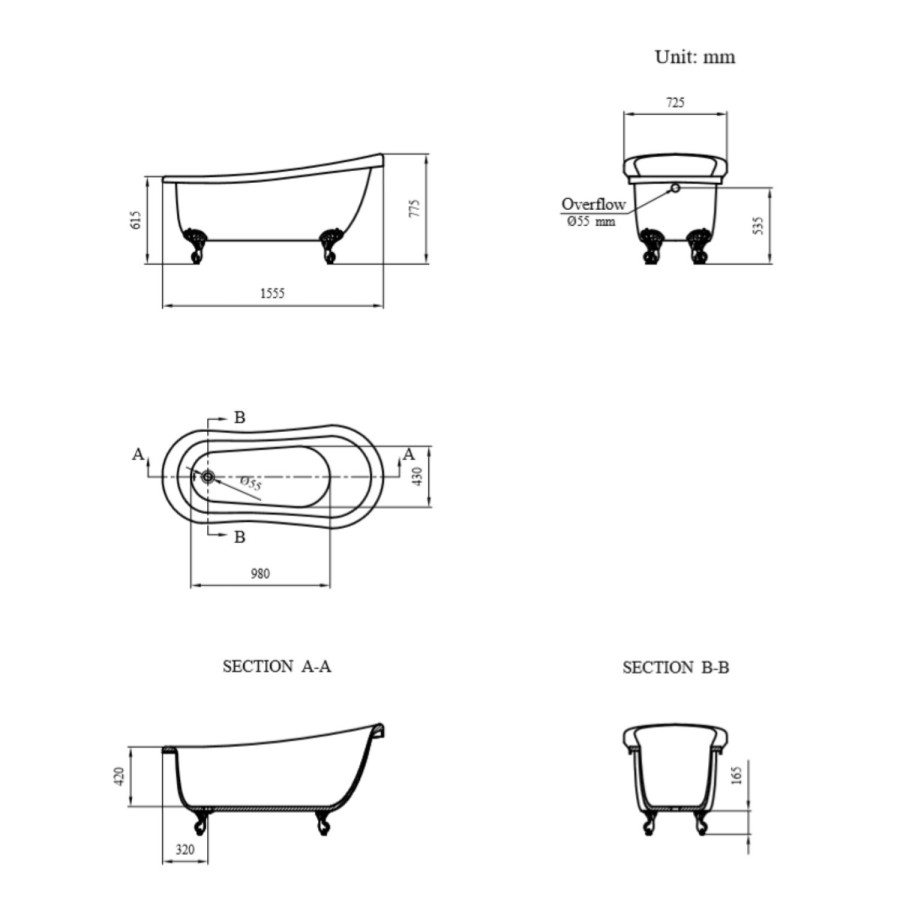 Park Royal Roll Top Freestanding Slipper Bath - 1570 x 430mm