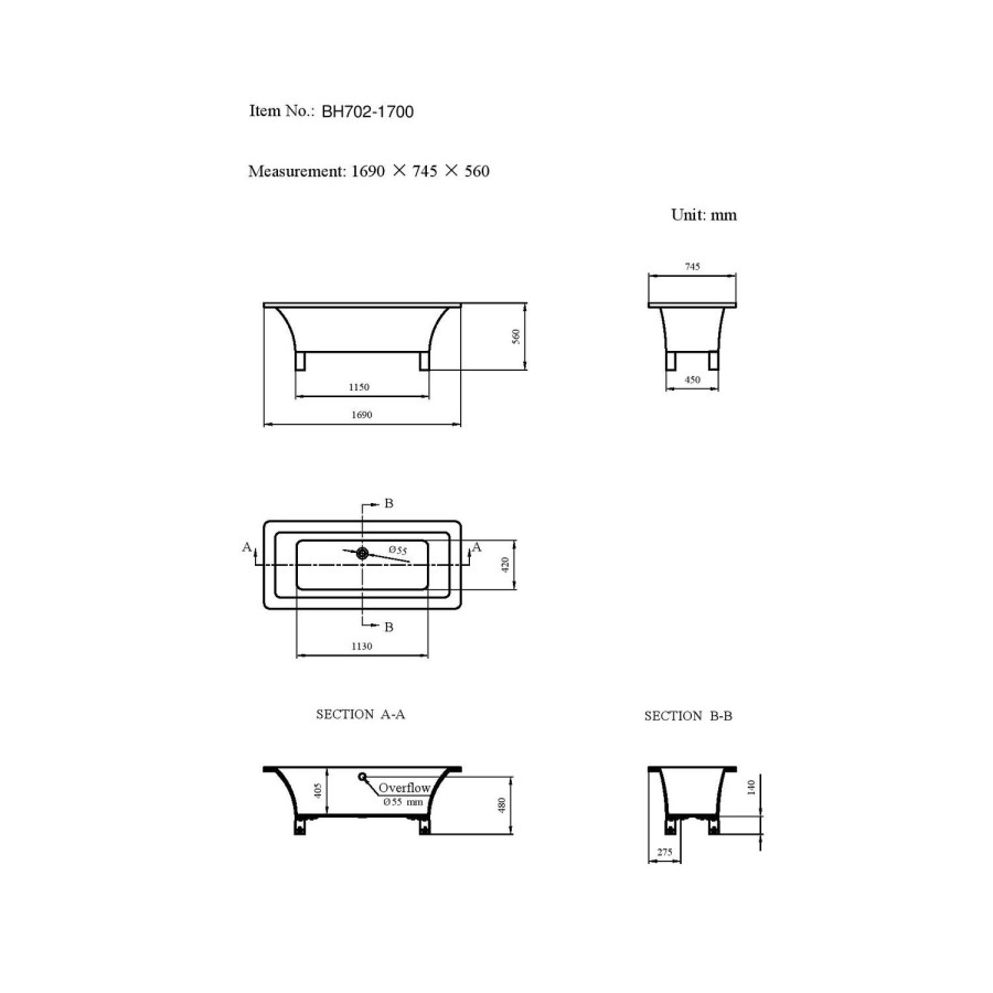 GRADE A2 - Athena Traditional Double Ended Freestanding Bath - 1690 x 740 x 570mm