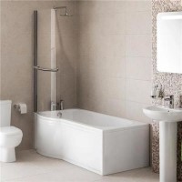 Modern Left Hand 1675 x 850 P-Shaped Shower Bath including Front Panel and 6mm Glass Curved Screen with Towel Rail