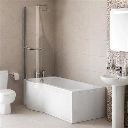 Modern Left Hand 1675 x 850 P-Shaped Shower Bath including Front Panel and 6mm Glass Curved Screen with Towel Rail