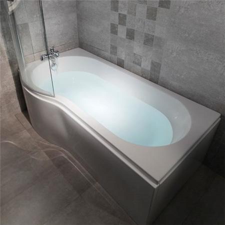 Modern Left Hand 1675 x 850 P-Shaped Shower Bath including Front Panel and 6mm Glass Curved Screen with Towel Rail
