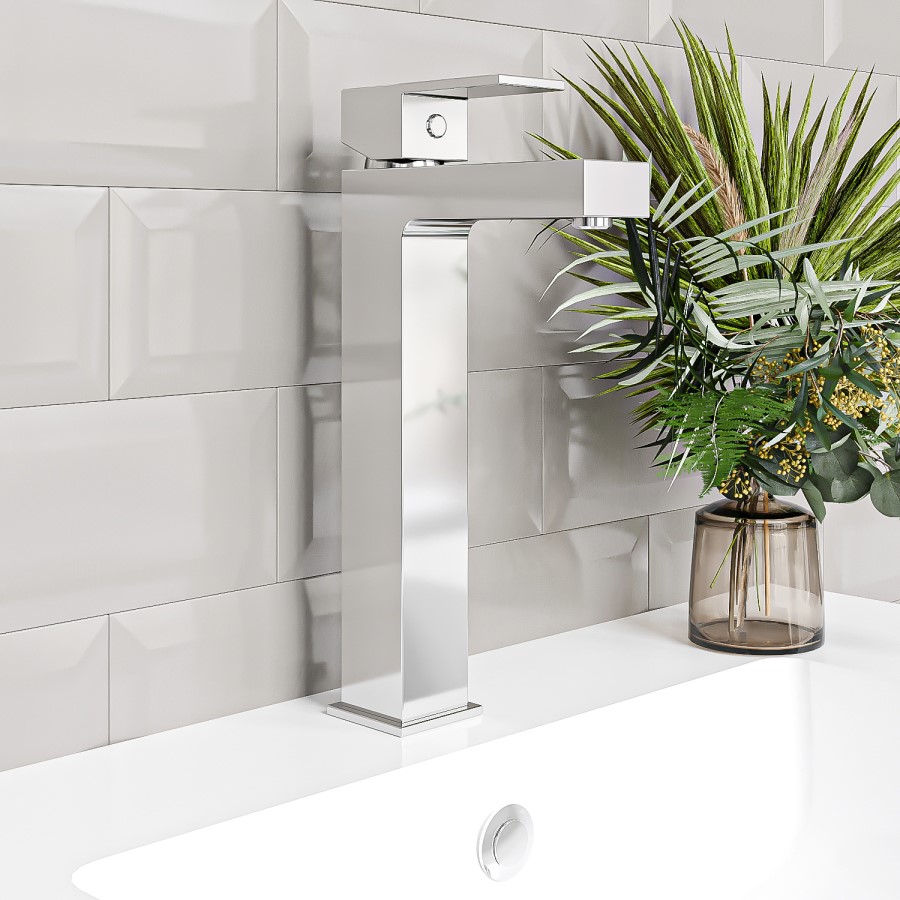 Tall Chrome Mono Basin Mixer Tap - Cube