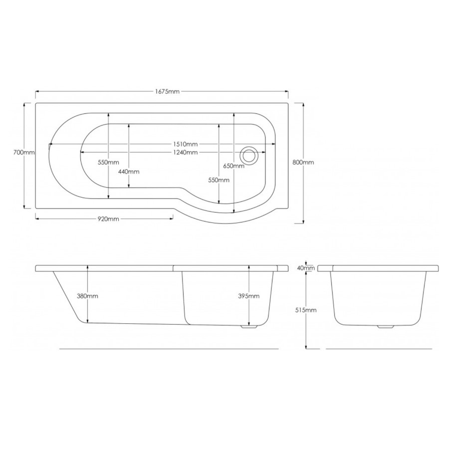 P-Shaped Left Hand Shower Bath - 1675 x 800mm