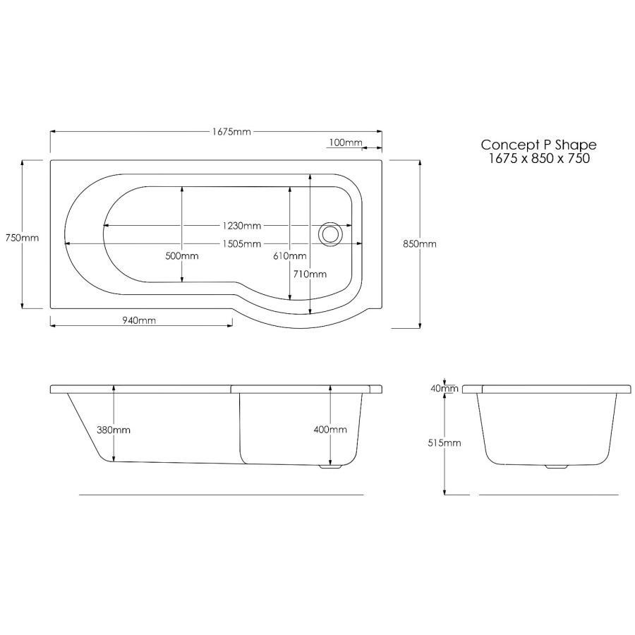 Dee Left Hand P Shape Shower Bath - 1675 x 850mm