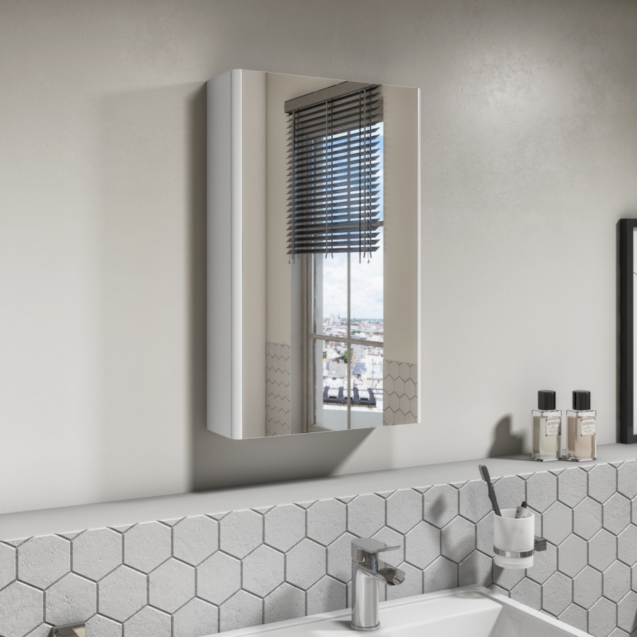 400mm Wall Hung Mirrored Single Door Cabinet White Gloss - Portland
