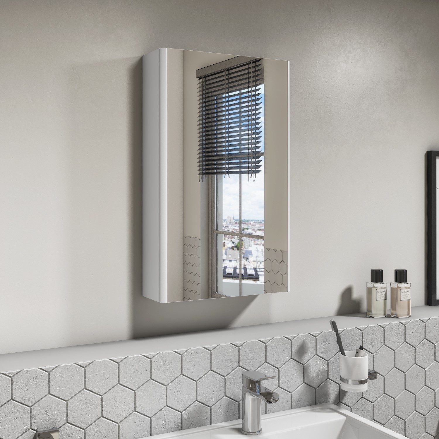 400mm Wall Hung Mirrored Single Door, Bathroom Mirrored Wall Cabinets White Gloss