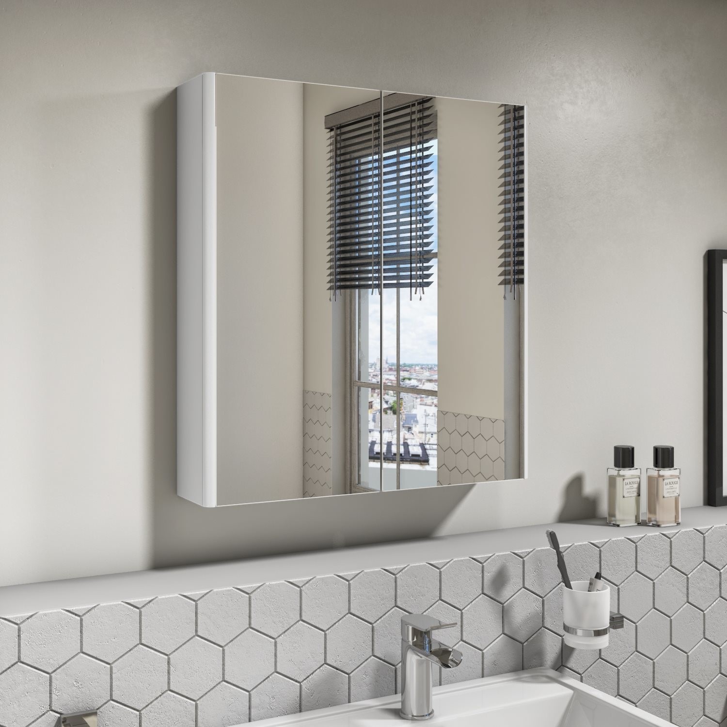 600mm White Gloss Wall Hung Mirrored 2 Door Cabinet Portland