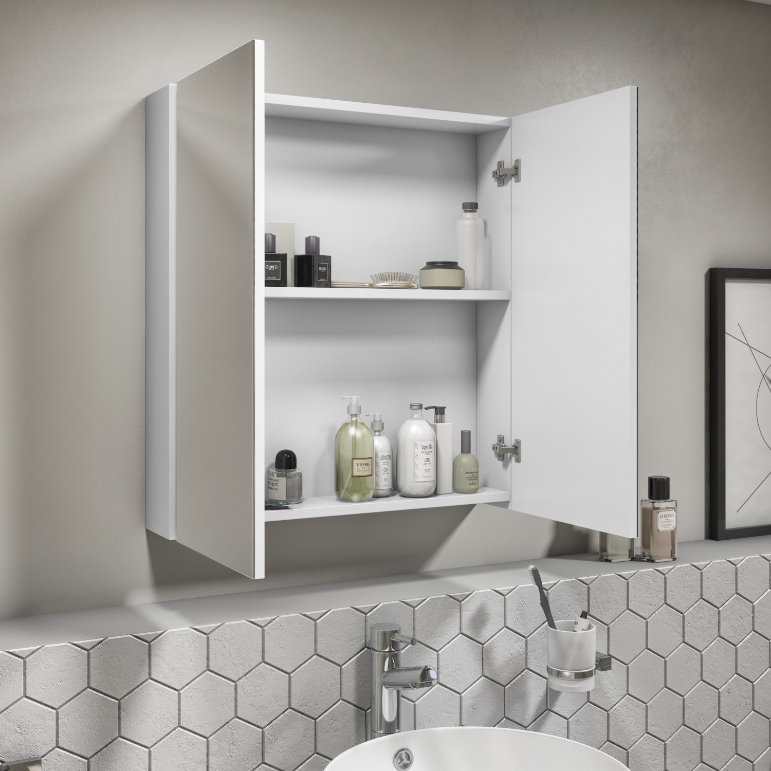 600mm White Gloss Wall Hung Mirrored 2 Door Cabinet Portland