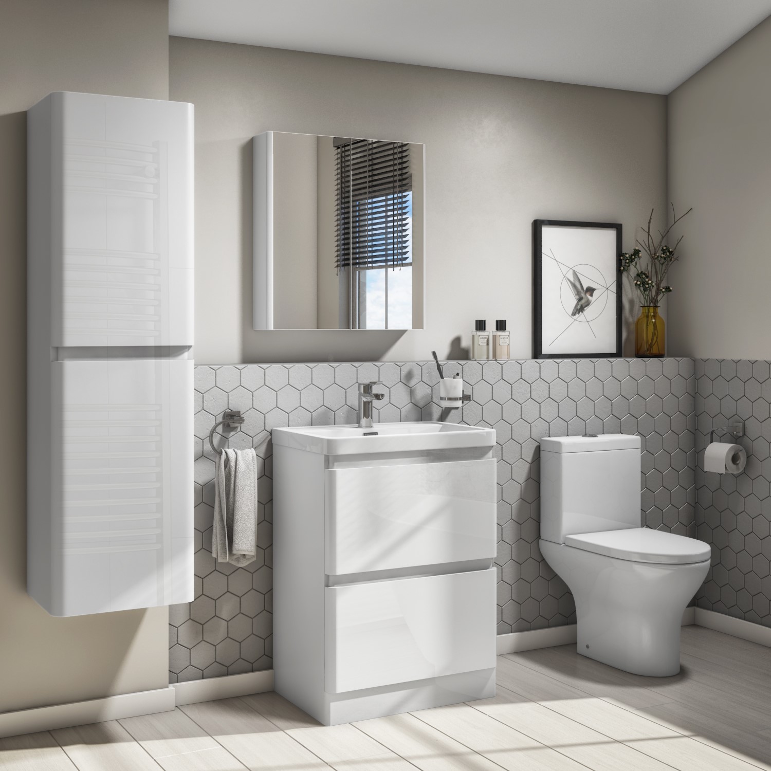 600mm White Gloss Wall Hung Mirrored 2 Door Cabinet Portland