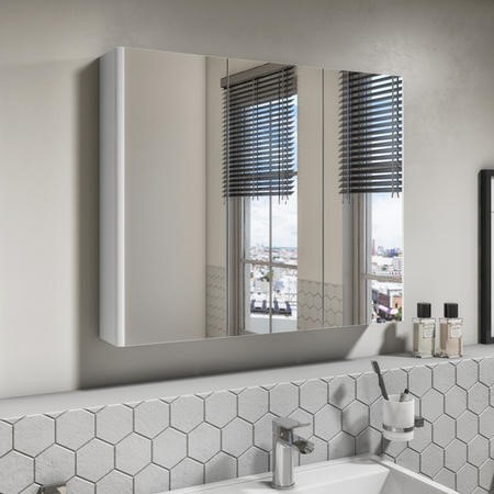 800mm Wall Hung 3 Door Mirrored Bathroom Cabinet White Gloss Portland Better Bathrooms - White Gloss Wall Hung Corner Bathroom Cabinet With Single Mirrored Door