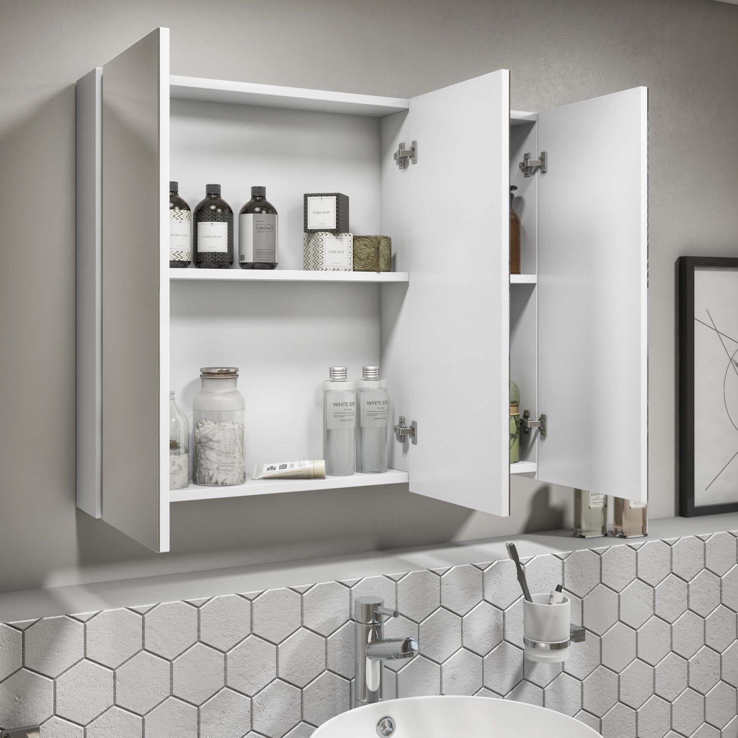 800mm Wall Hung 3 Door Mirrored Bathroom Cabinet White Gloss Portland Better Bathrooms - Wall Mounted Bathroom Cabinets Mirror