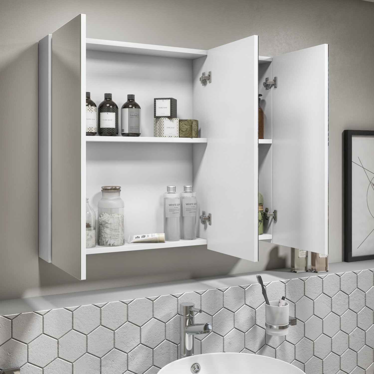 800mm Wall Hung 3 Door Mirrored Bathroom Cabinet White Gloss Portland Better Bathrooms 800mm Wall Hung 3 Door Mirrored Bathroom Cabinet White Gloss Portland Better Bathrooms