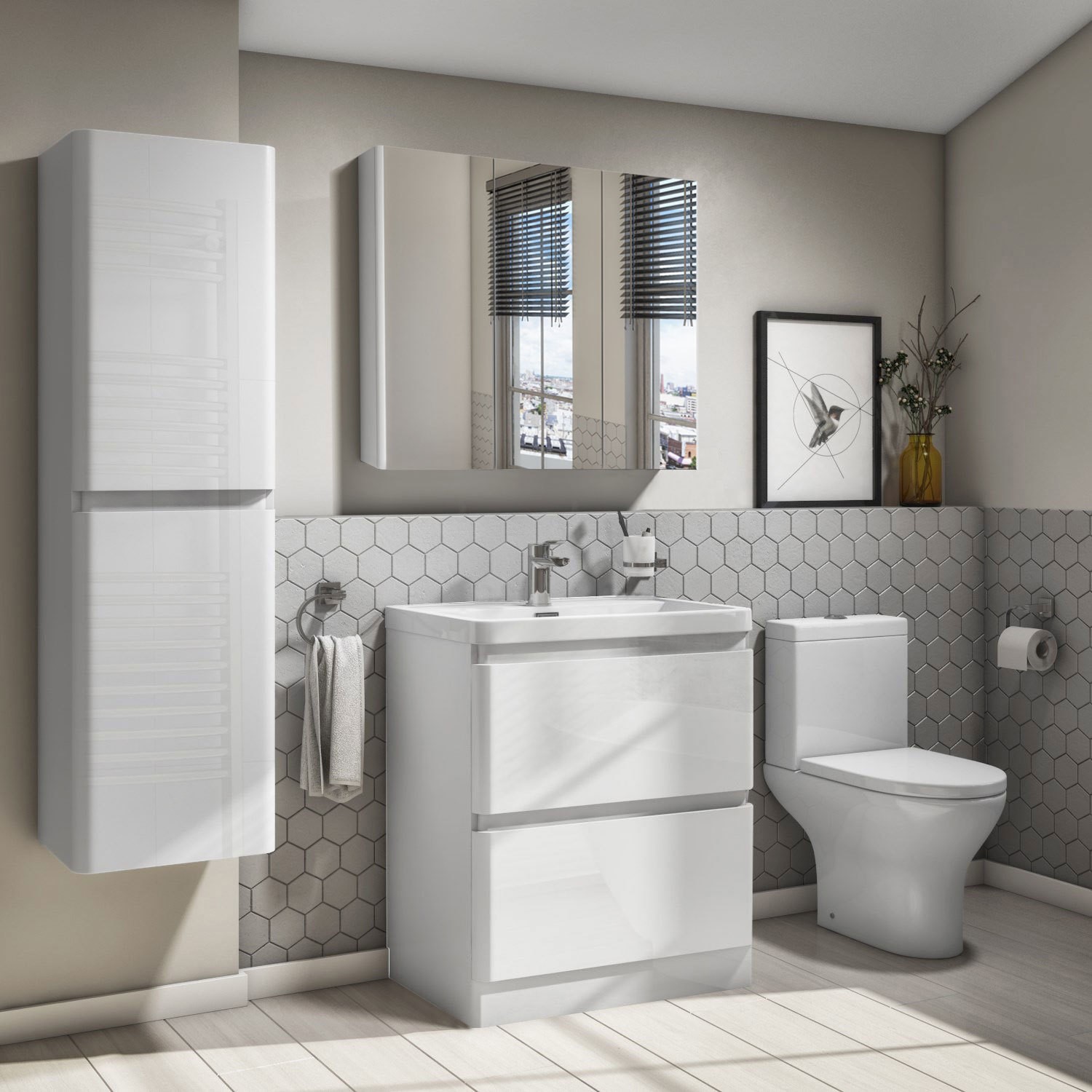 800mm Wall Hung 3 Door Mirrored, Bathroom Mirrored Wall Cabinets White Gloss
