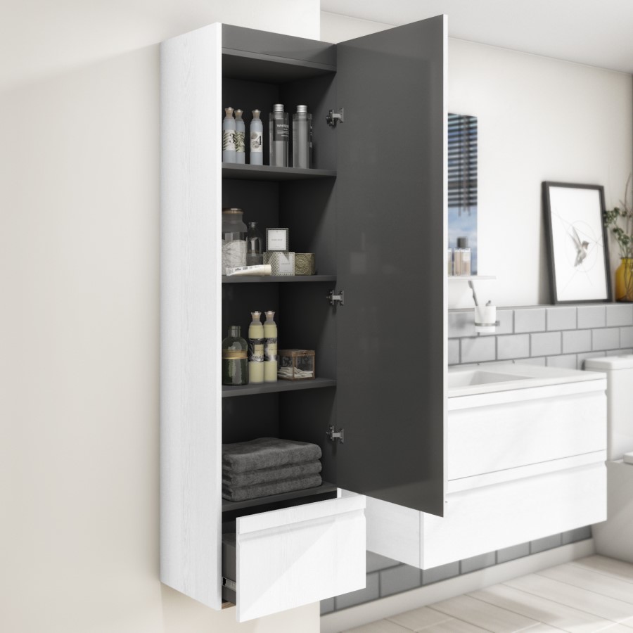 White Wood Effect Wall Mounted Tall Bathroom Cabinet 400mm - Boston