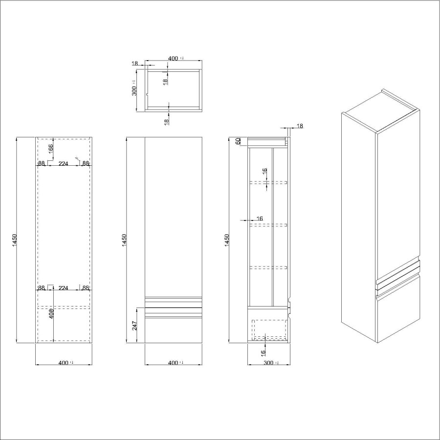 White Wood Effect Wall Mounted Tall Bathroom Cabinet 400mm - Boston
