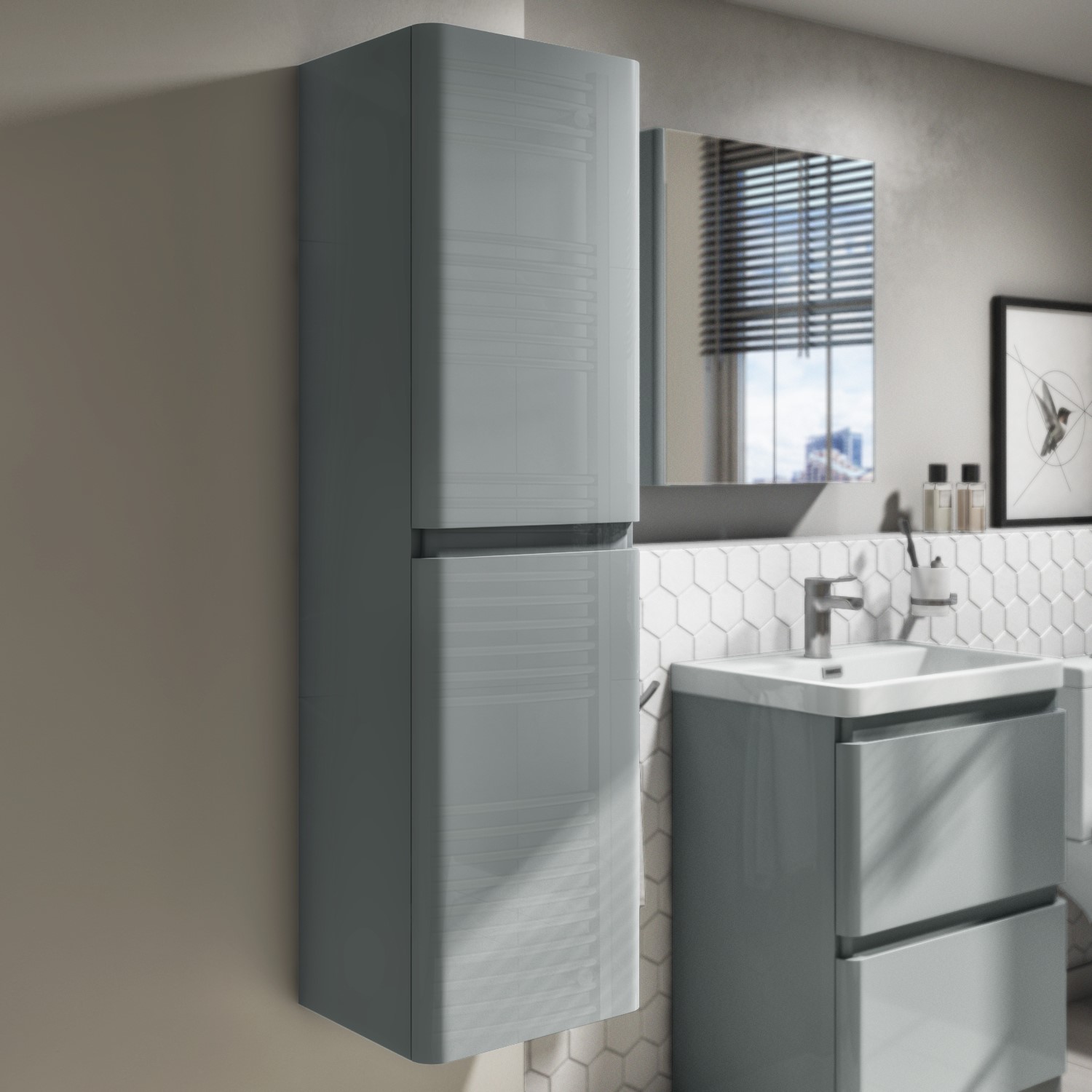 1400mm Light Grey Gloss Wall Hung Tall Boy Storage Unit Portland