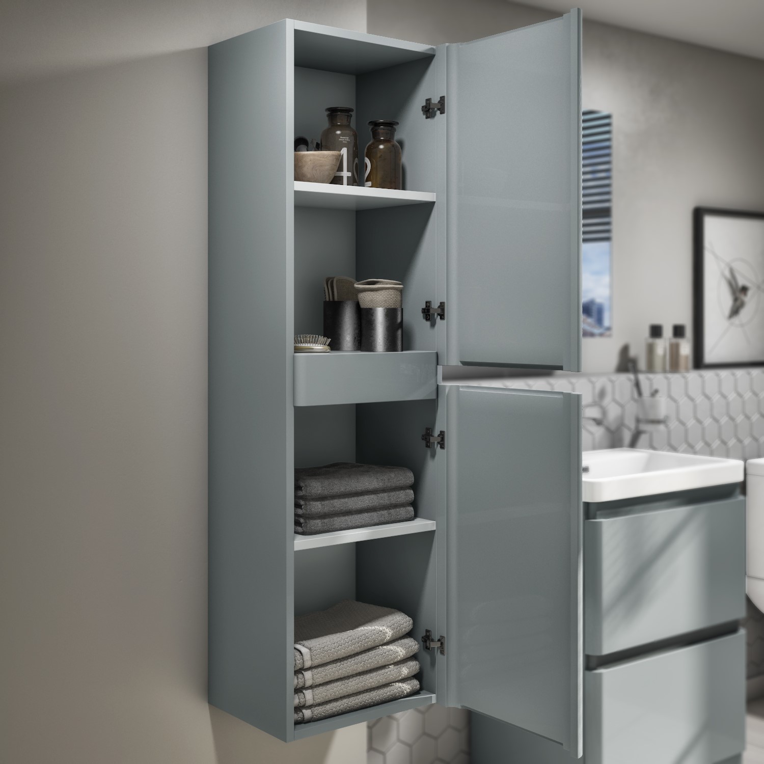 400mm Grey Wall Mounted Tall Bathroom Cabinet - Portland - Better Bathrooms