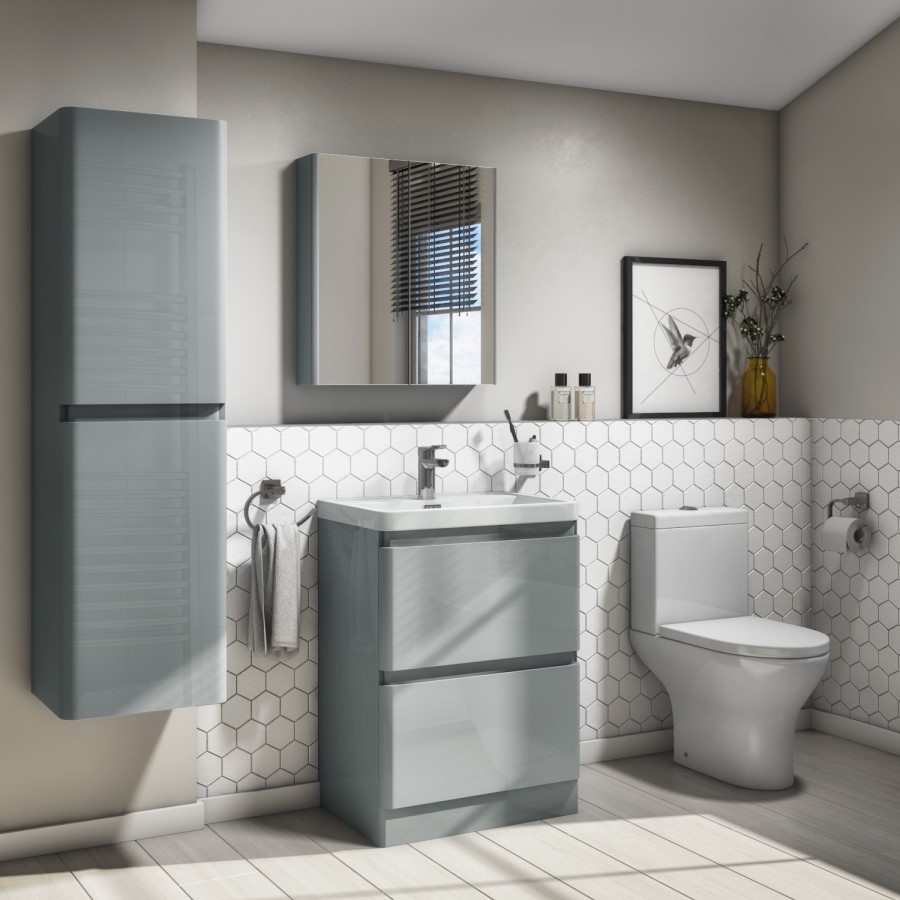 GRADE A1 - 1400mm Light Grey Gloss Wall Hung Tall Boy Storage Unit - Portland