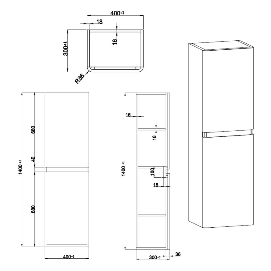 GRADE A1 - 1400mm Light Grey Gloss Wall Hung Tall Boy Storage Unit - Portland