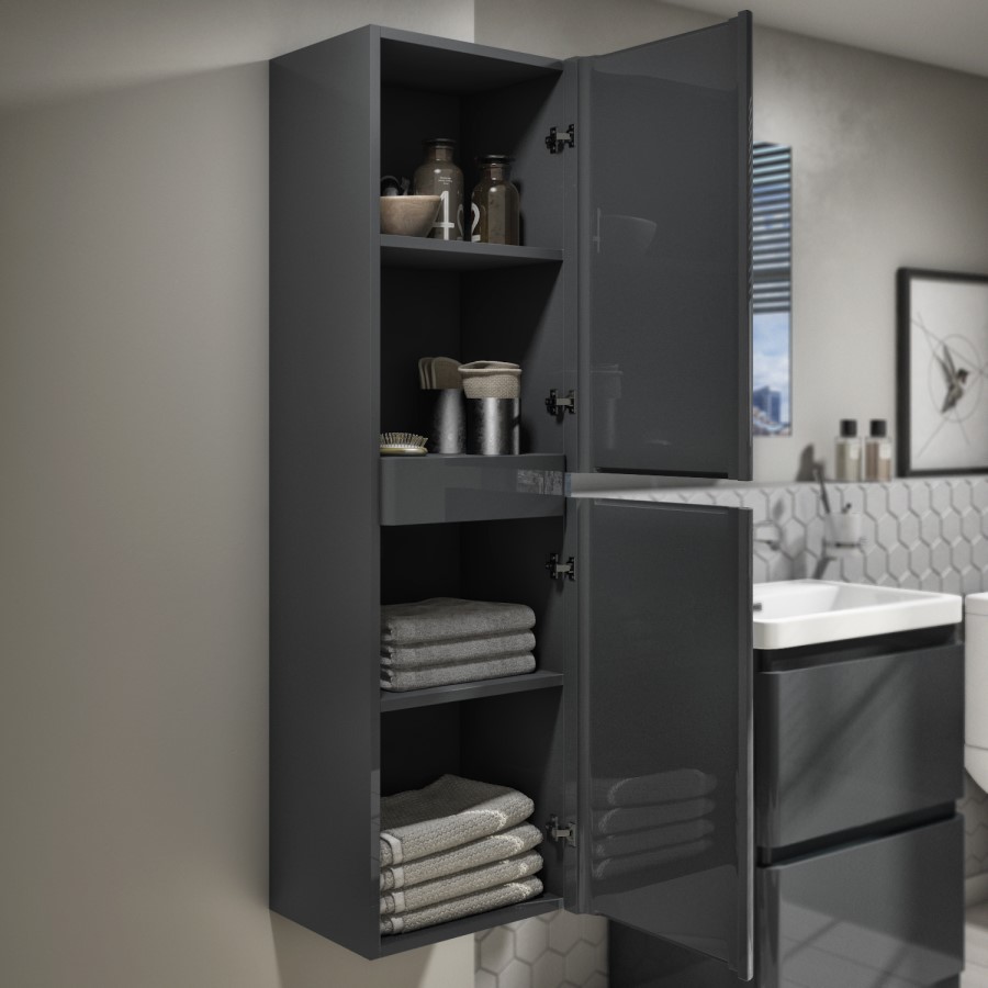 400mm Dark Grey Wall Mounted Tall Bathroom Cabinet - Portland