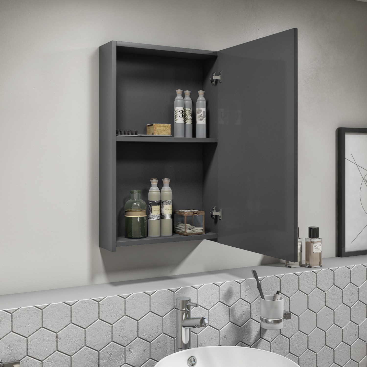 Dark Grey Gloss Single Door 400mm Wall Hung Mirror Cabinet Portland Range 