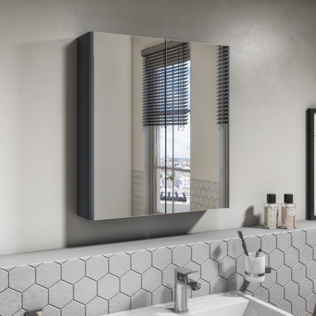 Dark Grey Mirrored Wall Bathroom Cabinet 600 x 650mm - Portland