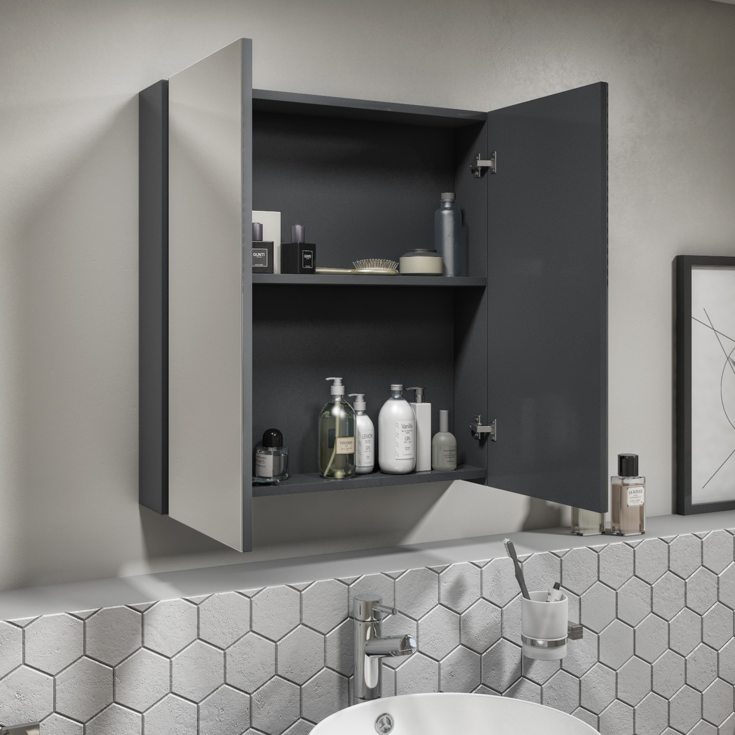 600mm Dark Grey Gloss Wall Hung Mirrored 2 Door Cabinet Portland Better Bathrooms 600mm Dark Grey Gloss Wall Hung Mirrored 2 Door Cabinet Portland Better Bathrooms